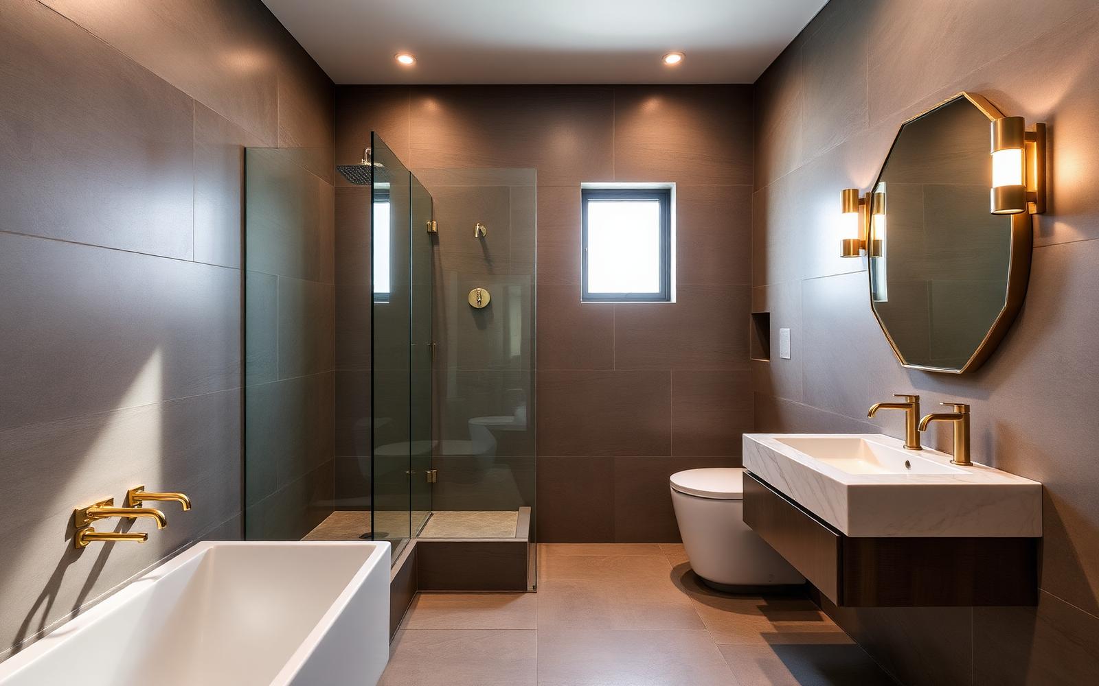 Modern refurbished bathroom with walk-in shower and brushed brass fixtures