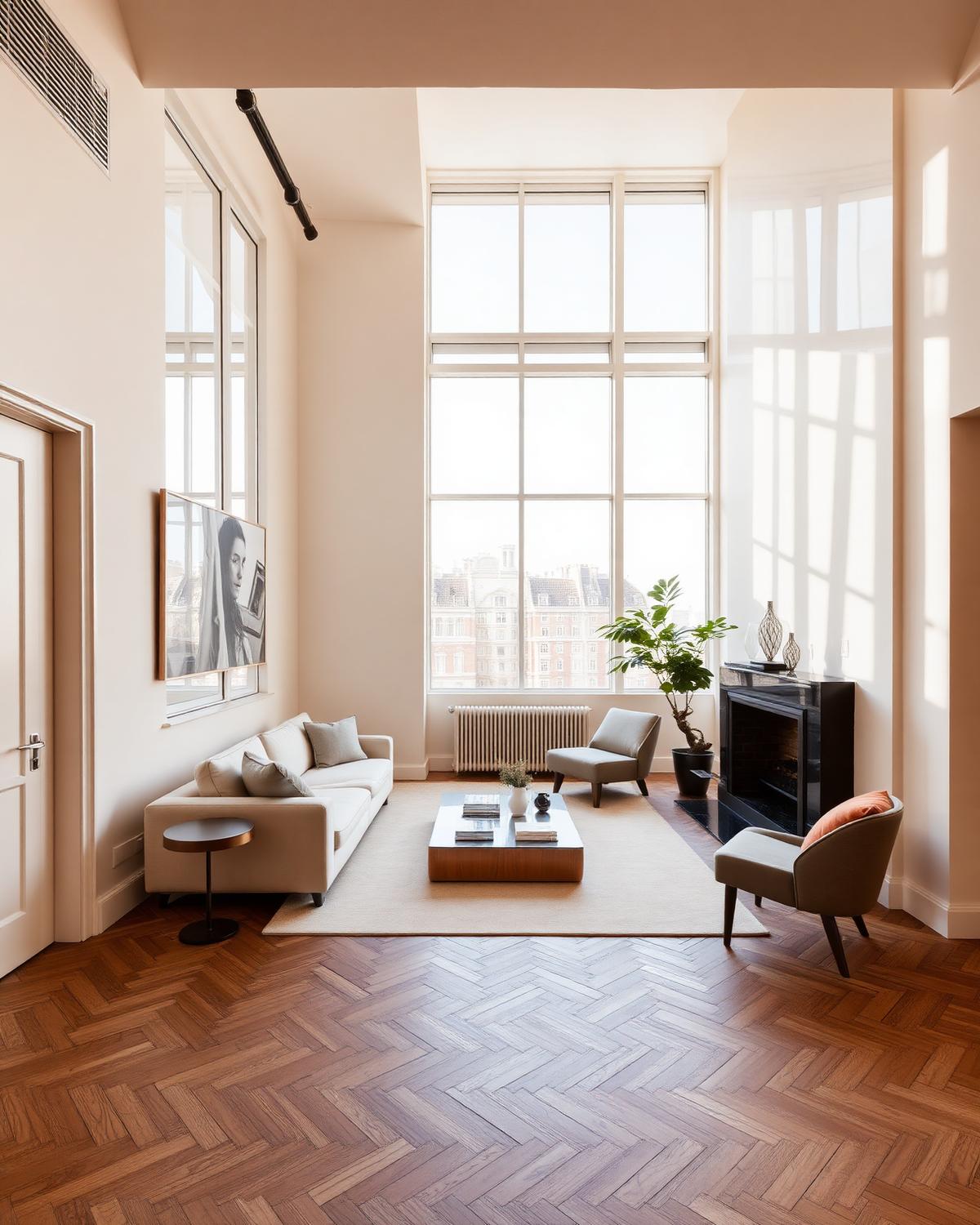 Newly refurbished Mayfair apartment interior with tall windows and herringbone floor