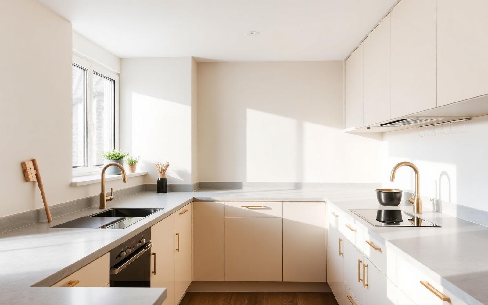Minimal Scandi-style kitchen refurbishment with stone worktops and brass tap
